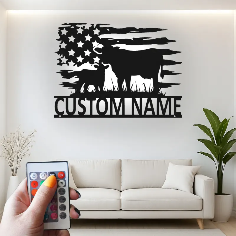 Personalisierte Kuh-und-Kalb LED-beleuchtete Metall-Wandkunst mit amerikanischer Flagge – Landhausgeschenk für Landwirte, rustikale Wohndeko 1