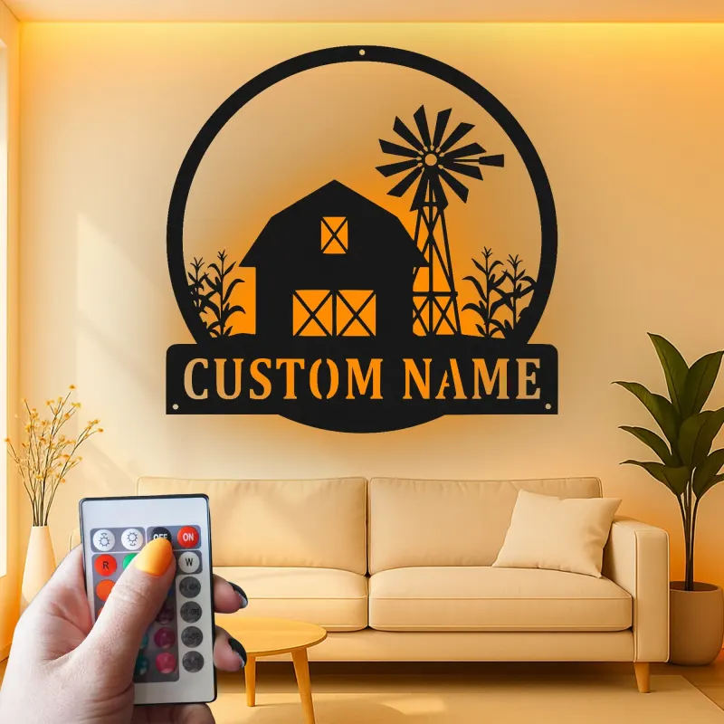 Panneau LED personnalisé de ferme | Décoration murale en métal personnalisée avec grange et éolienne | Décor rustique pour la maison familiale