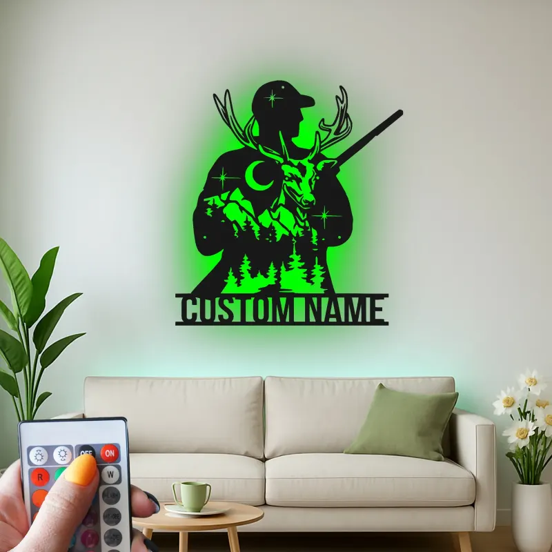 Cartel de metal personalizado de cazador y ciervo con luz LED regalo personalizado para entusiastas del aire libre decoración de man cave