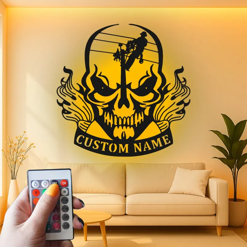 Insegna in Metallo con Teschio per Lineman | Arte da Parete LED Personalizzata per Elettricista | Decorazione per Man Cave e Insegna per Laboratorio | Regalo per Lui