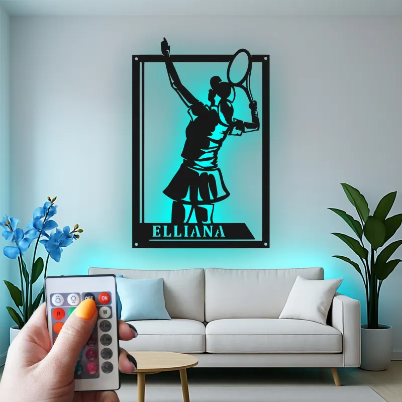 Insegna LED personalizzata per tennista | Arte murale in metallo su misura | Decor sportivo per la stanza | Regalo per atleta