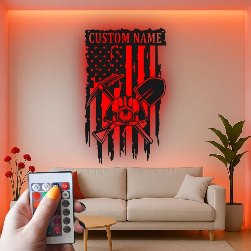 Personalized Firefighter LED Sign | Custom Metal Wall Art with Name | Patriotic Fireman Decor for Station & Home