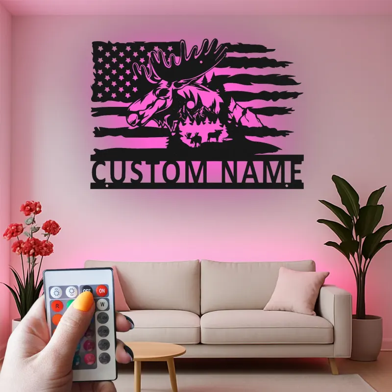 Custom Moose LED Metal Wall Art | Personalized Rustic Cabin Decor | Lighted American Flag Wildlife Sign | Hunter Gift