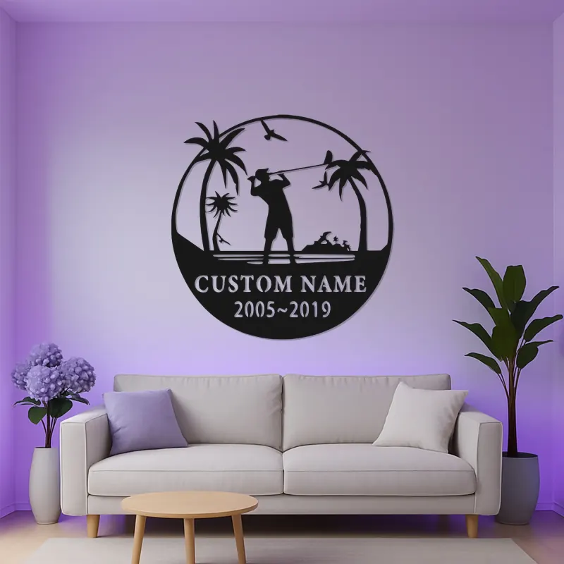 Décoration murale en métal personnalisée pour golfeur avec LED | Déco sur mesure pour club de golf | Panneau gravé avec prénom | Cadeau pour passionné de golf