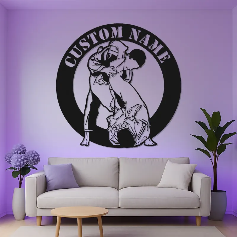 Panneau en métal LED BJJ personnalisé | Art mural de grappling personnalisé | Décor de dojo d'arts martiaux