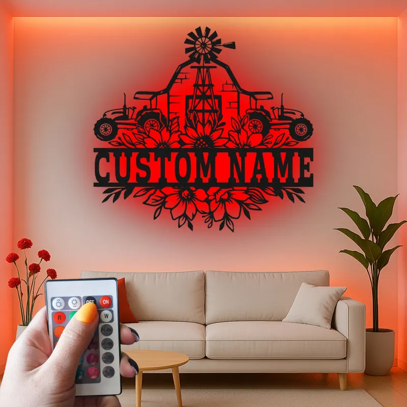 Custom Farm Tractor Led Light Metal Wall Art Personalized Farmer Gift Rustic Barn Decor