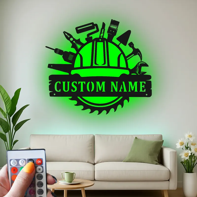 Cartel de metal personalizado con luz LED de herramientas de construcción, regalo personalizado para la decoración de talleres o garajes