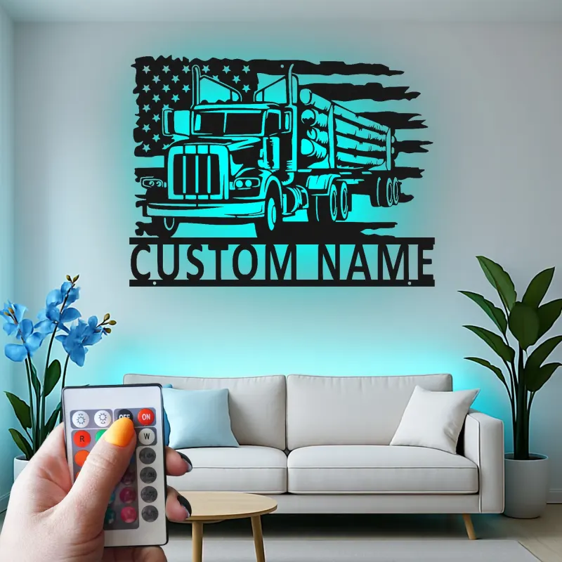 Décoration métal camion de grumes personnalisée | Plaque prénom camionneur avec LED | Décor man cave drapeau américain | Cadeau patriotique