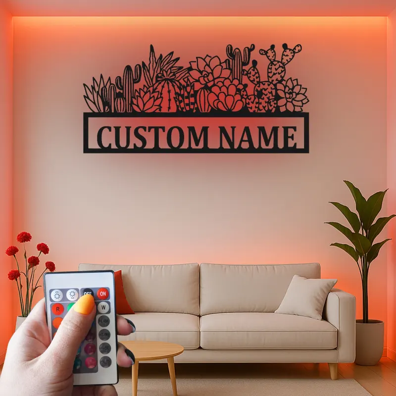 Panneau en métal personnalisé Cactus avec LED | Décoration murale succulente personnalisée pour entreprise | Décor botanique boho désert pour salon ou studio