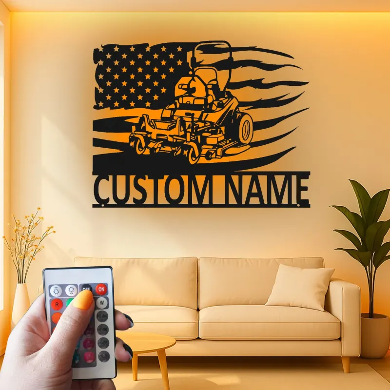 Cartel de Metal de Cortacésped | Decoración LED Personalizada para Paisajistas | Decoración de Bandera Americana con Nombre Personalizado | Regalo para Garaje y Jardín
