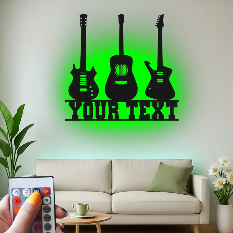 Insegna LED personalizzata a forma di chitarra | Decorazione murale in metallo personalizzata per sala musica | Regalo per musicisti | Arredo da parete per chitarristi