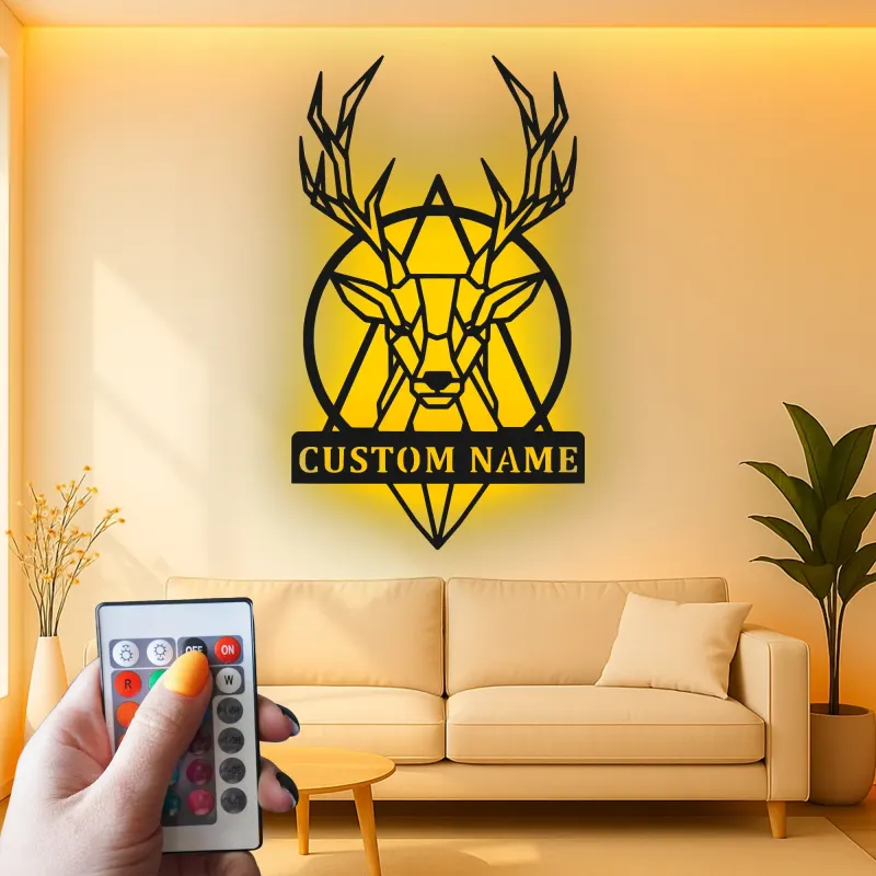 Cartel de metal LED personalizado de ciervo geométrico, regalo personalizado para amantes de la naturaleza, decoración rústica para salón