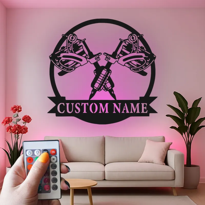 Décoration murale en métal personnalisée avec lumière LED de machine à tatouer - Cadeau pour artistes tatoueurs