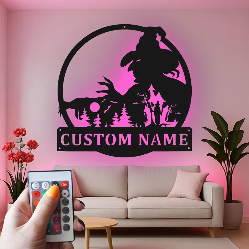 Cartel de metal personalizado con escena de bosque de brujas y luz LED Regalo único de Halloween Decoración espeluznante para el hogar