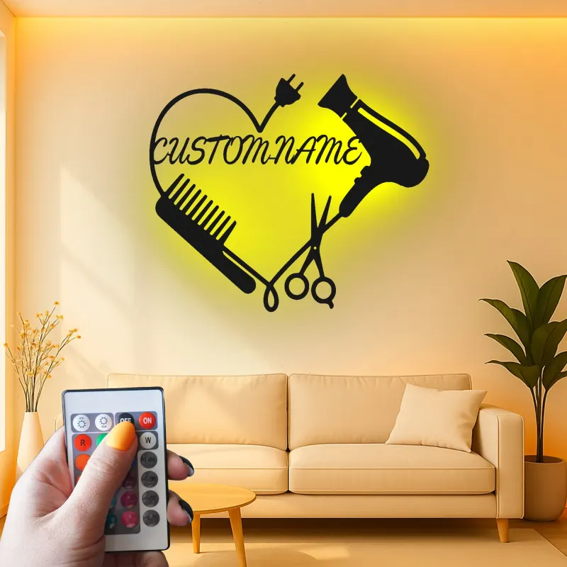 Enseigne LED personnalisée pour coiffeur | Décoration murale en métal personnalisée pour salon | Plaque nominative pour studio beauté | Cadeau pour coiffeur