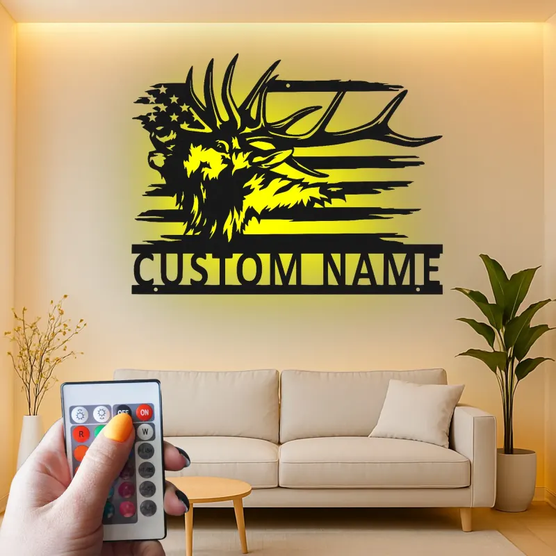 Custom Elk American Flag Led Light Metal Wall Art Personalized Gift for Hunters Rustic Cabin Decor
