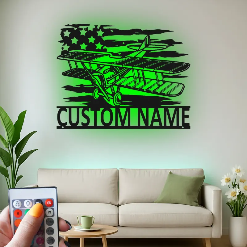 Décoration murale en métal personnalisée avec rétroéclairage - Drapeau américain - Cadeau pour pilote, hangar ou bureau