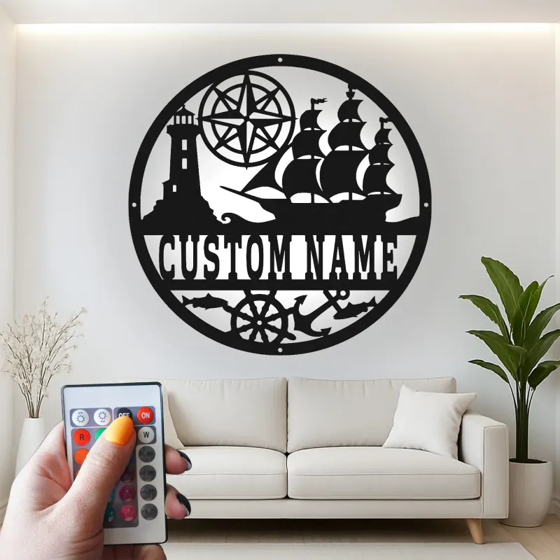 Personalisierte Nautische LED-Wandkunst | Individuelles Schiffs- und Kompass-Metallschild | Vintage Küstendekor für Zuhause oder Büro