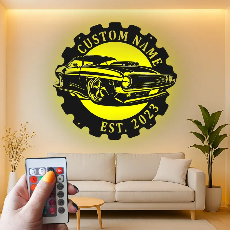 Décoration murale en métal personnalisée pour voiture de muscle avec rétroéclairage LED - Cadeau pour passionnés de voitures - Décor de garage
