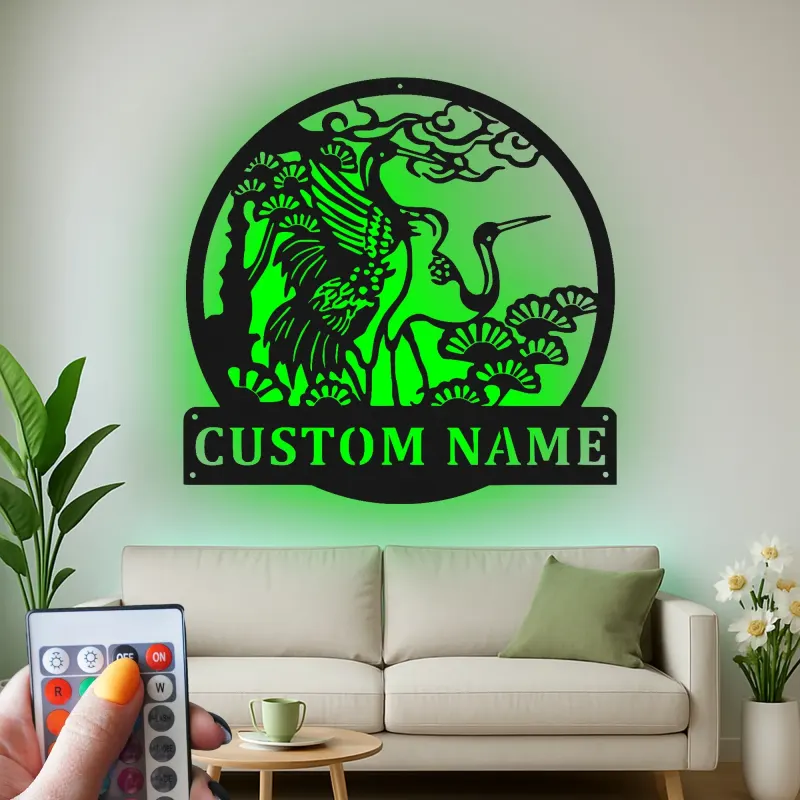 Custom Crane and Pine Led Light Metal Wall Art Personalized Nature Lover Gift Living Room or Garden Decor