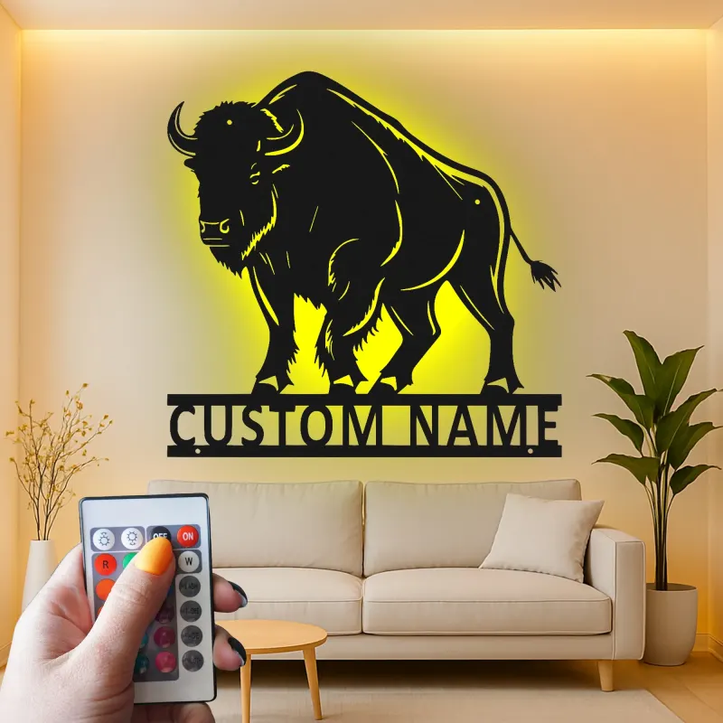 Insegna in metallo LED personalizzata con bisonte - Regalo per amanti della natura e decorazione rustica per il soggiorno