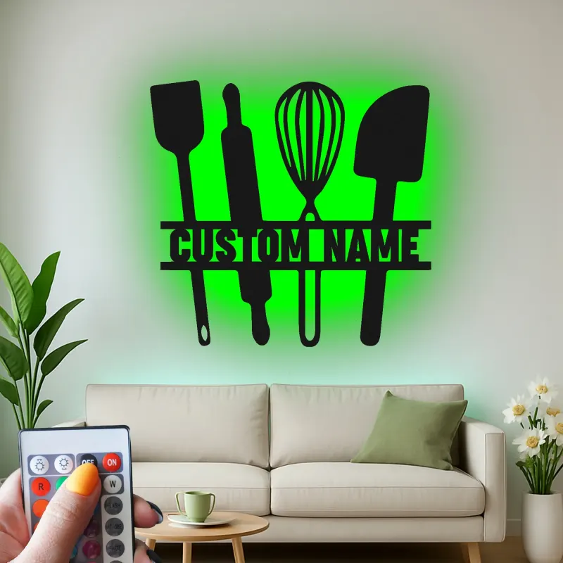 Custom Baking Utensils LED Metal Sign | Personalized Kitchen Decor | Baker Gift & Chef Wall Art