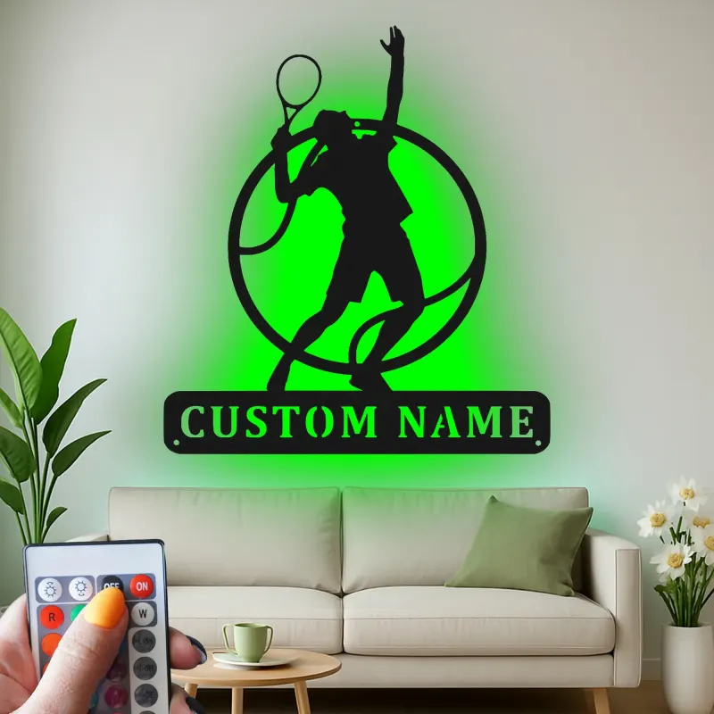 Arte murale in metallo per giocatore di tennis personalizzata | Insegna LED personalizzata per sala giochi | Regalo decorativo per atleta