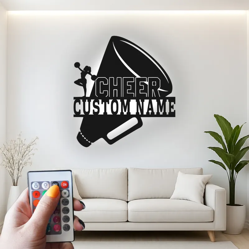 Custom Cheerleader Megaphone Led Light Metal Wall Art Cheer Gift for Teen Girls Bedroom Sports Decor