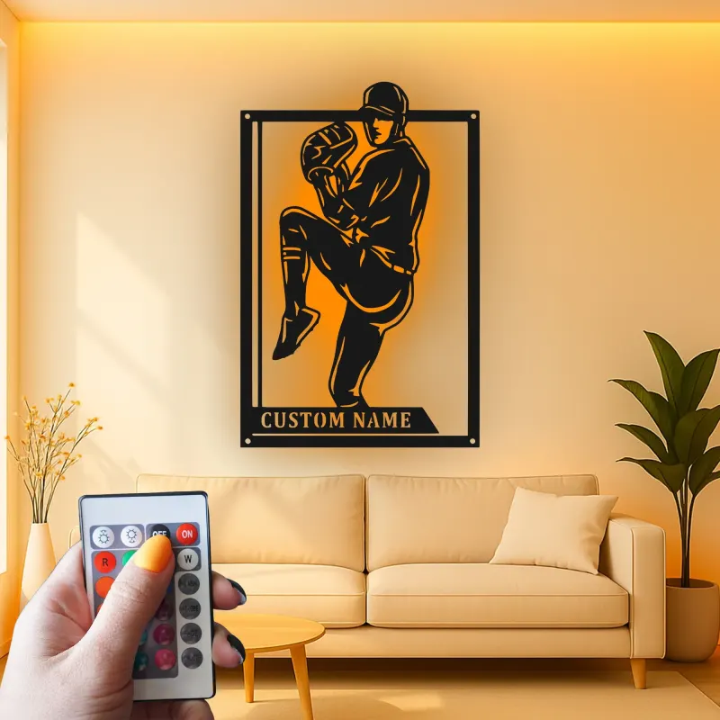 Insegna in metallo personalizzata con luce LED per lanciatore di baseball - Regalo sportivo personalizzato per atleti e decorazione per sala giochi