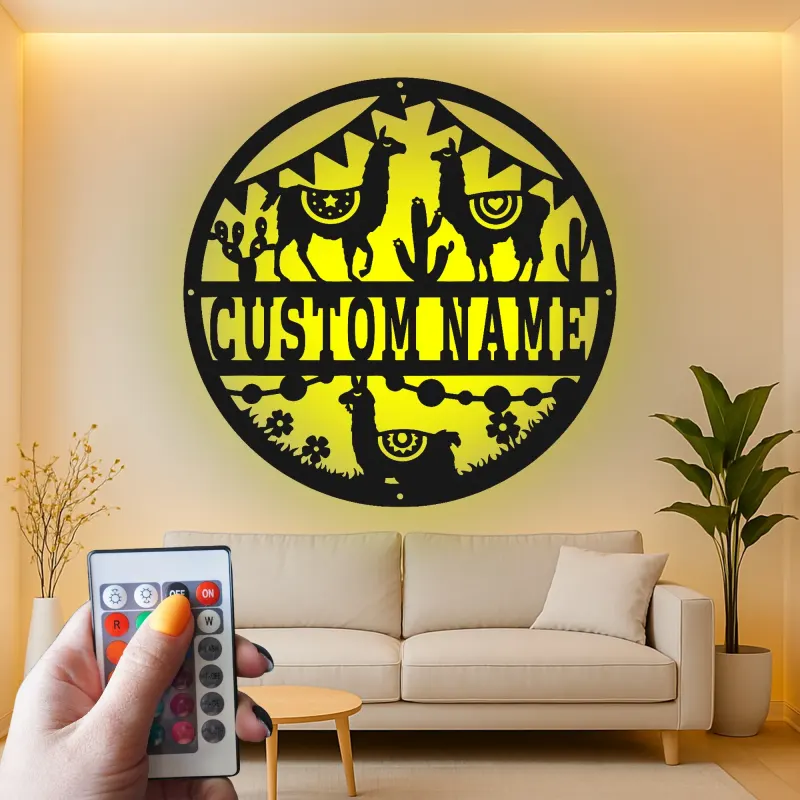 Custom Llama Desert Scene Led Light Metal Wall Art Personalized Gift for Llama Lovers Living Room or Nursery Decor