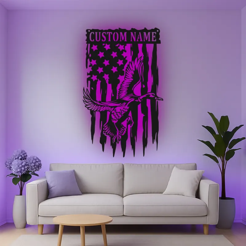 Cartel de metal LED de pato y bandera americana personalizado Regalo para cazadores Decoración de cabaña rústica