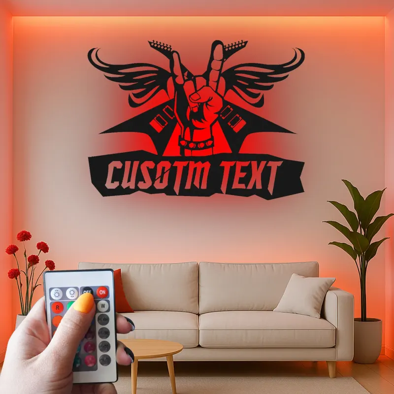 Cartel de metal Rock and Roll personalizado | Arte mural LED de alas de guitarra | Decoración de estudio de músico personalizada | Regalo de heavy metal para él