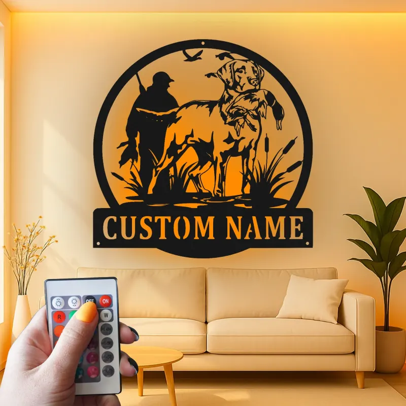 Duck Hunting Metal Sign | Personalized Labrador Retriever LED Wall Art | Custom Hunter Name Plaque for Cabin & Lodge Decor