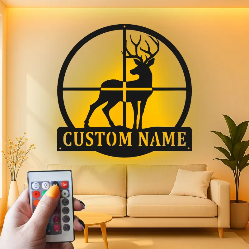 Décoration murale en métal personnalisée pour le cerf avec rétroéclairage LED, cadeau personnalisé pour les chasseurs, décoration de cabane rustique pour les amoureux de la nature