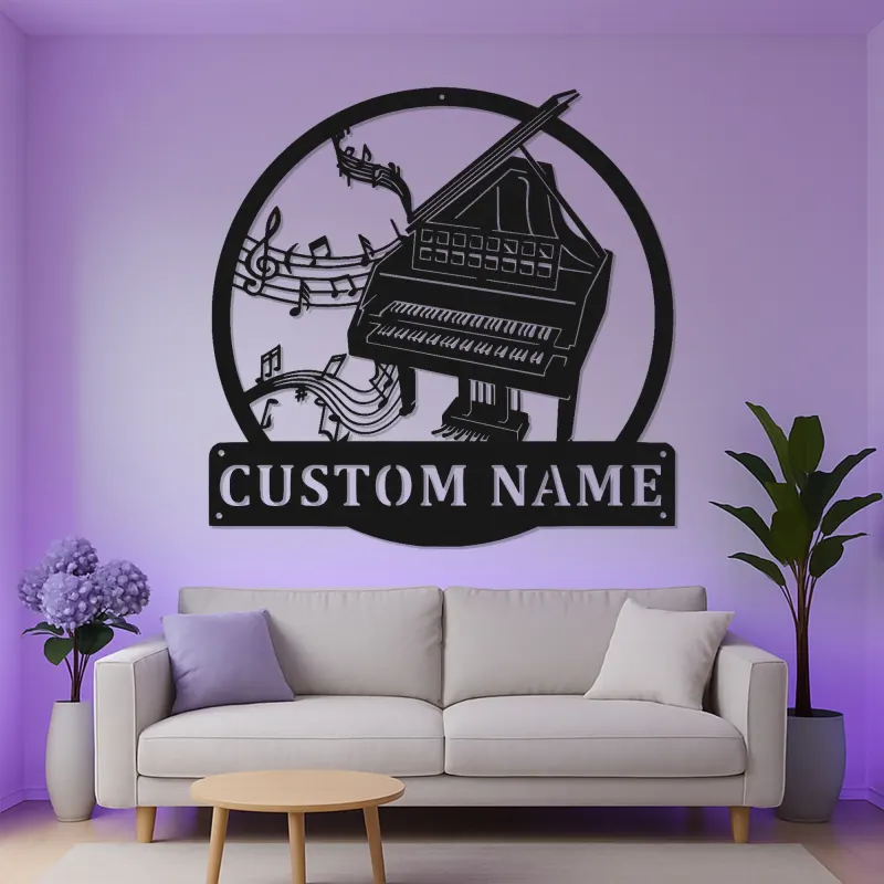 Panneau piano personnalisé avec LED | Décoration murale en métal sur mesure pour salle de musique | Déco silhouette piano à queue | Cadeau pour pianiste