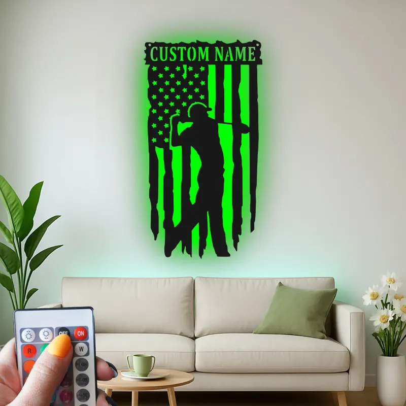 Insegna in metallo personalizzata per golfista con LED | Arte murale con nome e bandiera USA | Regalo patriottico per man cave e ufficio