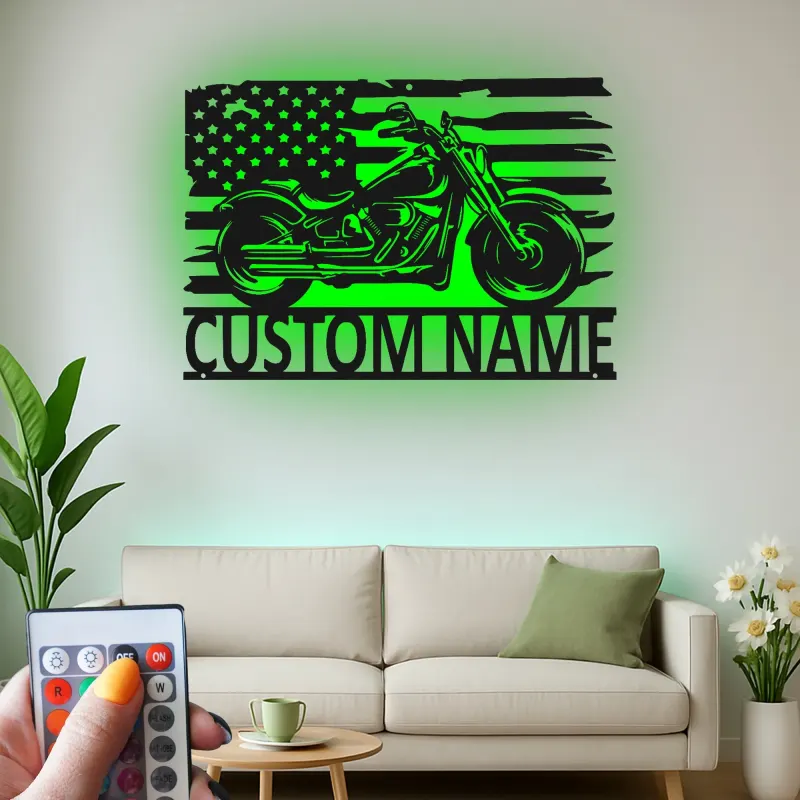 Insegna in metallo personalizzata con bandiera americana e luce LED regalo per motociclisti decorazione per garage