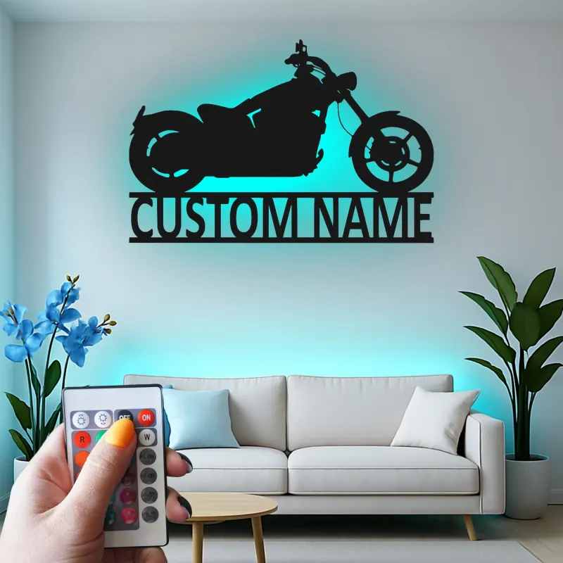 Insegna LED Personalizzata con Moto Cruiser | Arte Murale in Metallo Personalizzata | Decorazione Retro per Garage Biker | Regalo Illuminato per Caverna degli Uomini