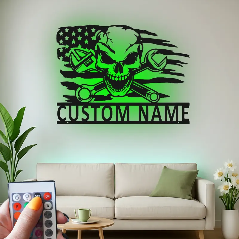 Panneau de garage mécanicien personnalisé | Art mural en métal crâne avec LED | Décor de cave à vin avec drapeau américain | Cadeau pour lui