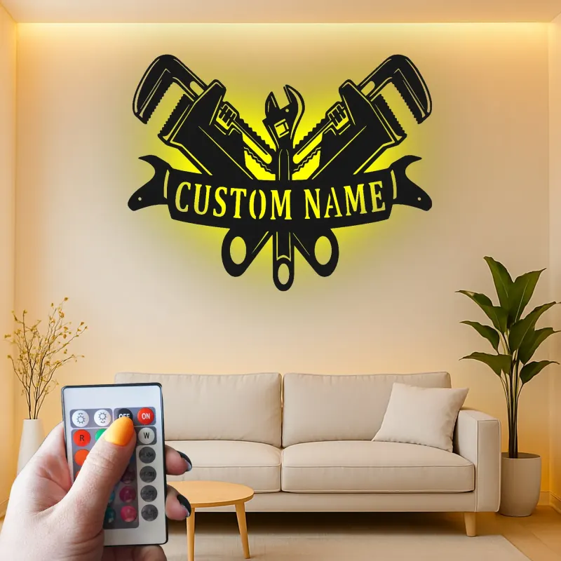Custom Plumber LED Sign | Personalized Metal Tool Art | Workshop & Garage Decor | Pipe Wrench Wall Light