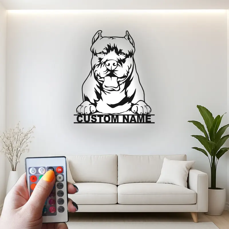 Custom Pit Bull LED Metal Sign | Personalized Dog Silhouette Decor | Pet Memorial Wall Art | Unique Gift for Dog Lovers