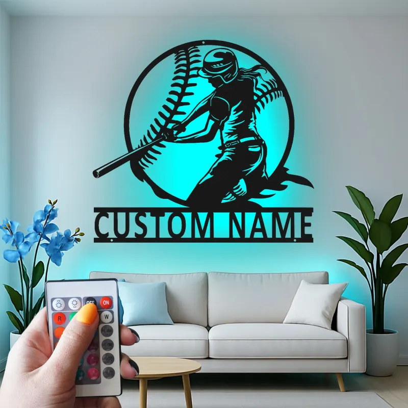 Décoration murale en métal personnalisée pour joueur de softball avec rétroéclairage LED - Cadeau pour passionnés de softball