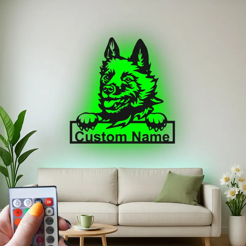 Personalisierte LED-beleuchtete Metall-Wandkunst mit Deutschem Schäferhund – Geschenk für Hundeliebhaber, Wohnzimmerschmuck