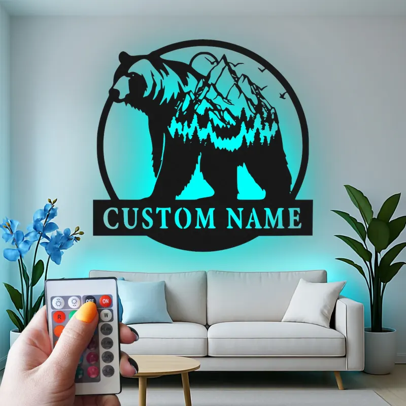 Cartel de metal personalizado con luz LED de oso y montaña, regalo para amantes de la naturaleza, decoración de cabaña o refugio