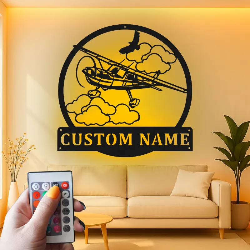 Décoration murale en métal personnalisée avec lumière LED d'avion - Cadeau d'aviation pour pilotes, décoration de hangar ou de bureau 1