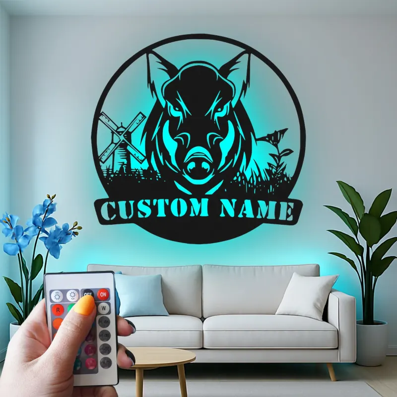 Cartel de metal personalizado con luz LED de jabalí, regalo personalizado para cazadores, decoración rústica de cabaña