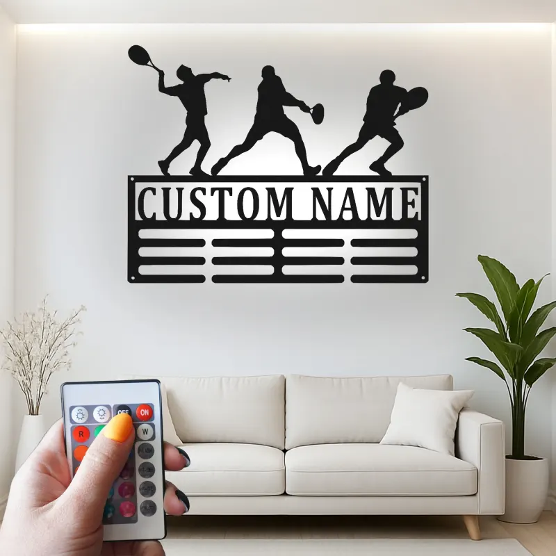 Insegna in metallo personalizzata per giocatore di tennis | Arte murale LED con nome personalizzato | Decorazione per stanza sportiva per atleta, allenatore
