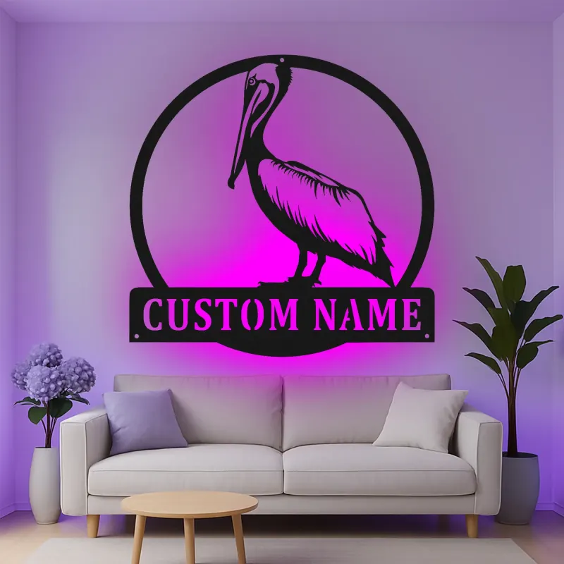 Insegna in metallo personalizzata con LED a forma di pellicano regalo per casa costiera decorazione per soggiorno