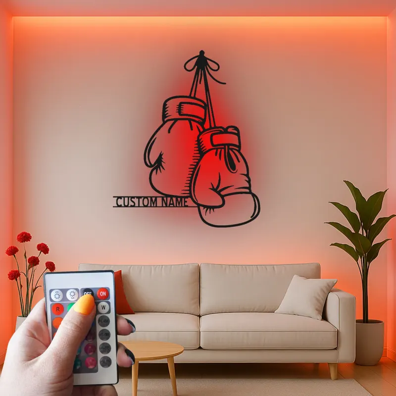 Insegna in metallo personalizzata con guantoni da boxe e luce LED - Regalo personalizzato per pugili, palestra o decorazione per angolo dedicato 1