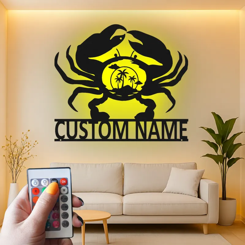 Personalisierte Krabben-Strandszene LED-Wandkunst aus Metall – Küstengeschenk für Strandliebhaber, nautische Wohn-Deko